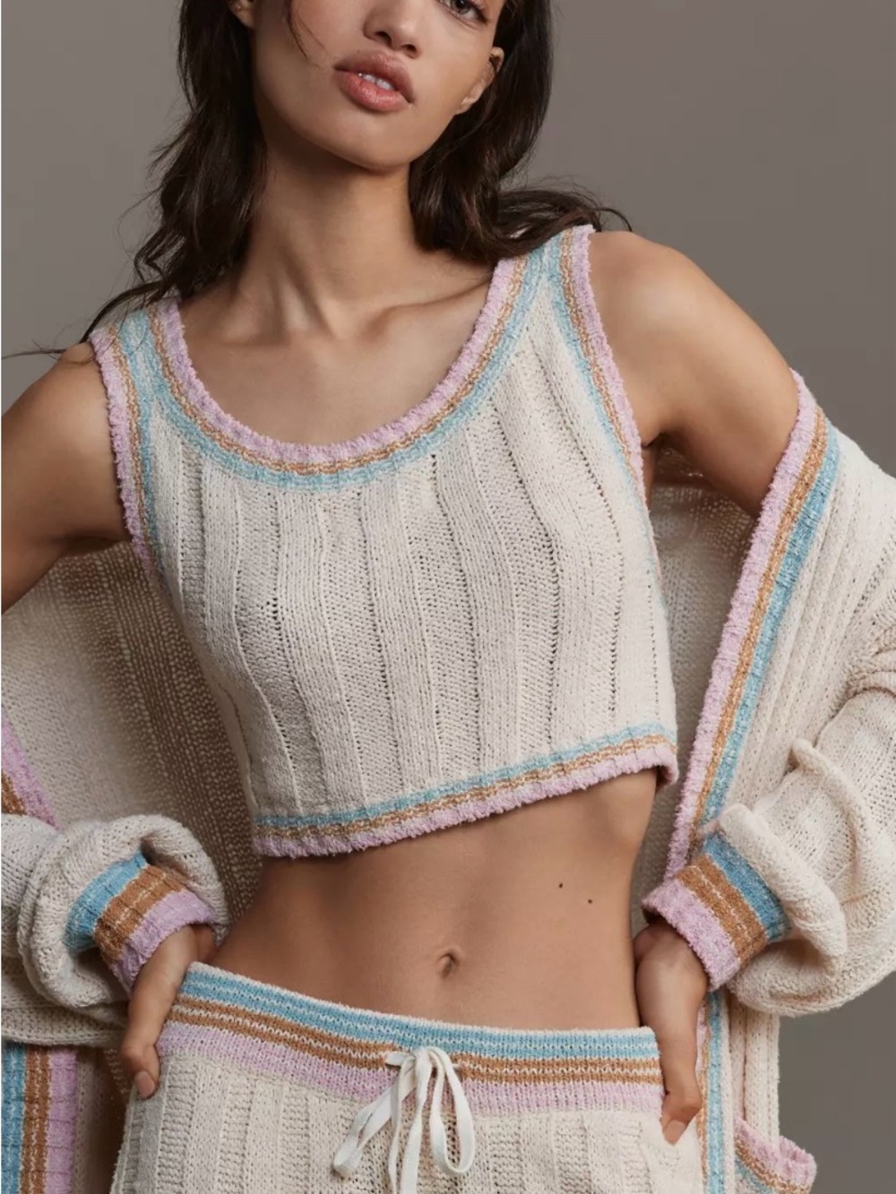 l*space Cream Cropped Knit Tank with Pastel Trim